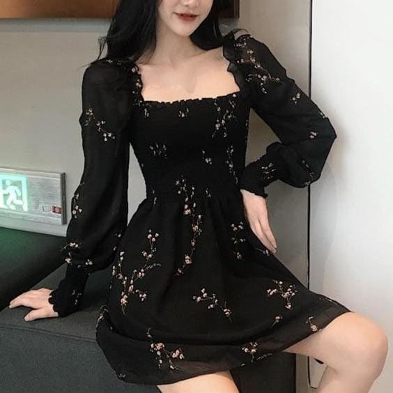 Black Flower Long Puff Sleeve Chiffon Dress MK14958 - KawaiiMoriStore