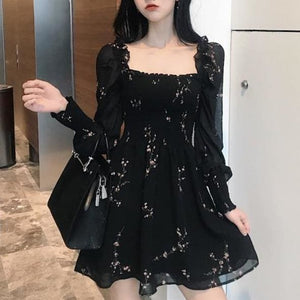 Black Flower Long Puff Sleeve Chiffon Dress MK14958 - KawaiiMoriStore