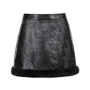 Black Furry-edged PU Leather Skirt MM0709 - KawaiiMoriStore