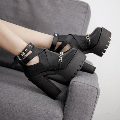 Black Gothic Buckle Round Toe Chain Platform Boots MK15114 - KawaiiMoriStore