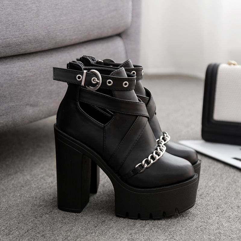 Black Gothic Buckle Round Toe Chain Platform Boots MK15114 - KawaiiMoriStore