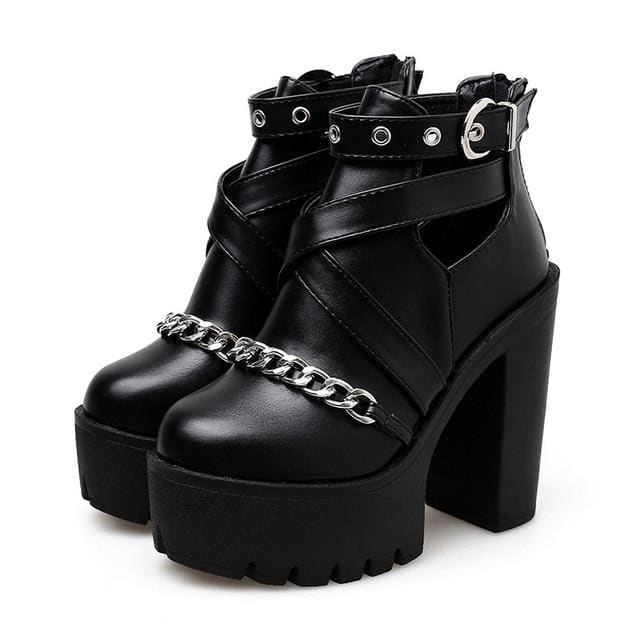 Black Gothic Buckle Round Toe Chain Platform Boots MK15114 - KawaiiMoriStore