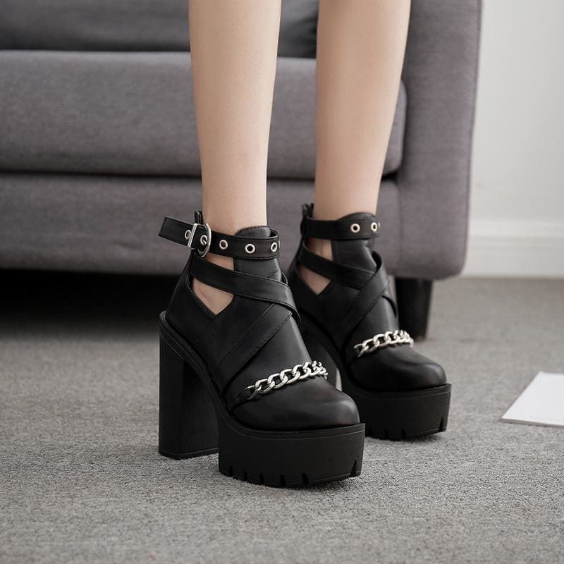 Black Gothic Buckle Round Toe Chain Platform Boots MK15114 - KawaiiMoriStore