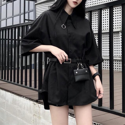 Black Gothic Harajuku Belt Blouse MK13849 - KawaiiMoriStore