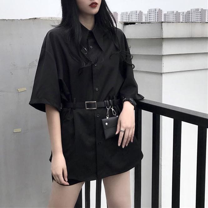 Black Gothic Harajuku Belt Blouse MK13849 - KawaiiMoriStore