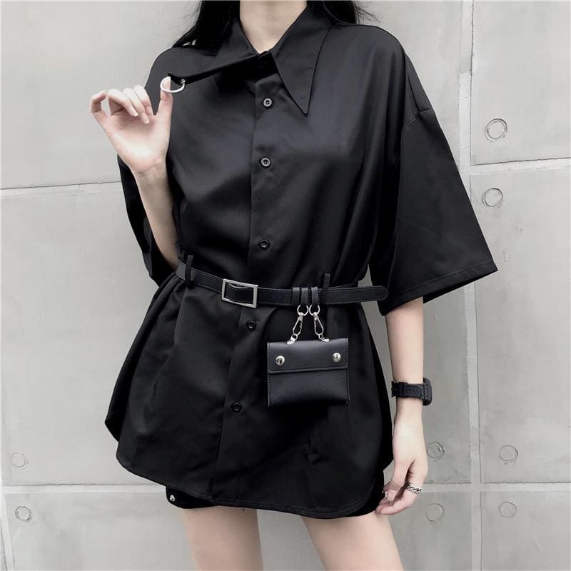 Black Gothic Harajuku Belt Blouse MK13849 - KawaiiMoriStore