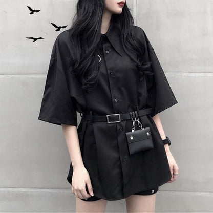 Black Gothic Harajuku Belt Blouse MK13849 - KawaiiMoriStore