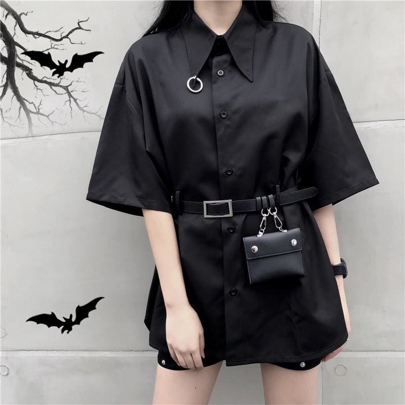 Black Gothic Harajuku Belt Blouse MK13849 - KawaiiMoriStore