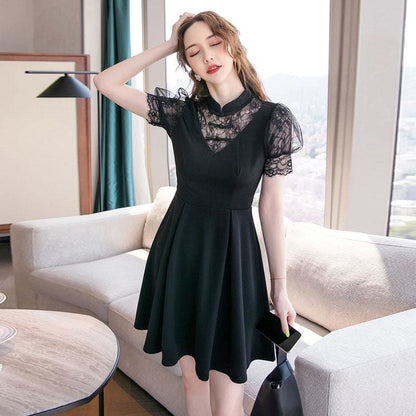 Black Lace Splice Mini Dress