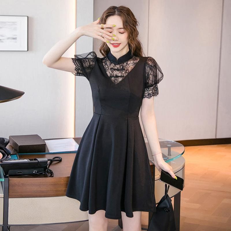 Black Lace Splice Mini Dress