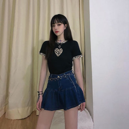 Black Leopard Heart Patchwork Knitting T-Shirt MK0516 - KawaiiMoriStore