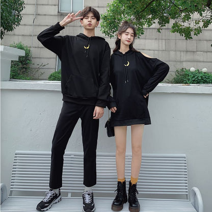 Black Loose Moon Couple Hoodie Jumper MK15048 - KawaiiMoriStore