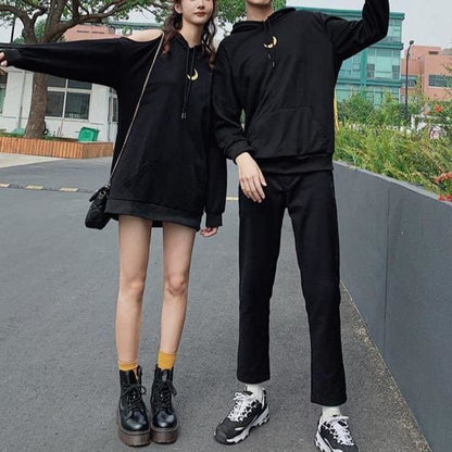 Black Loose Moon Couple Hoodie Jumper MK15048 - KawaiiMoriStore