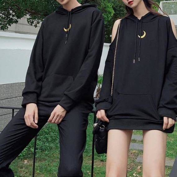 Black Loose Moon Couple Hoodie Jumper MK15048 - KawaiiMoriStore