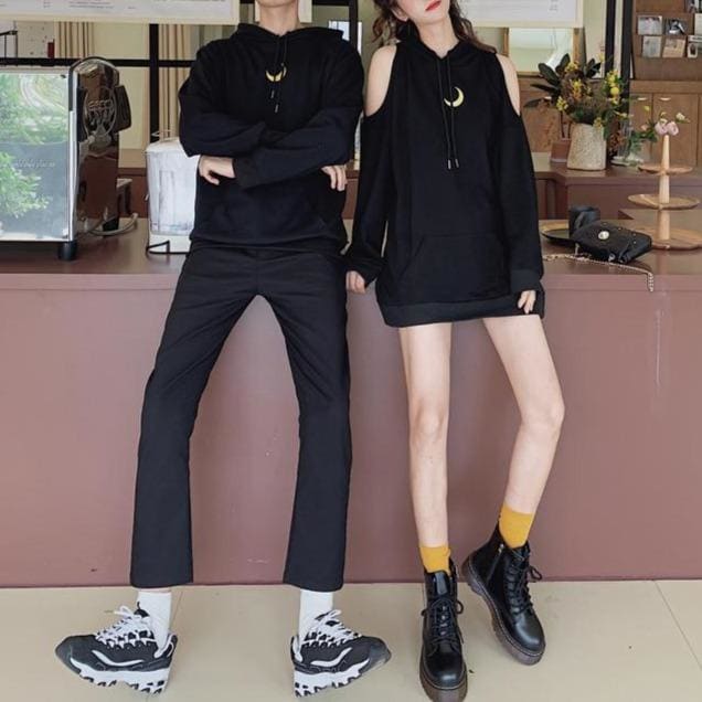 Black Loose Moon Couple Hoodie Jumper MK15048 - KawaiiMoriStore