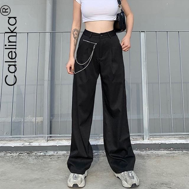Black Loose Straight Trousers with chain - pants
