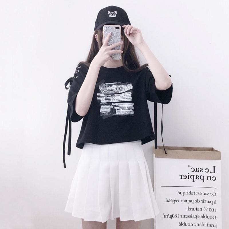 Black Off-the-shoulder Alphabet Print Short Sleeve T-shirt MK15313 - KawaiiMoriStore