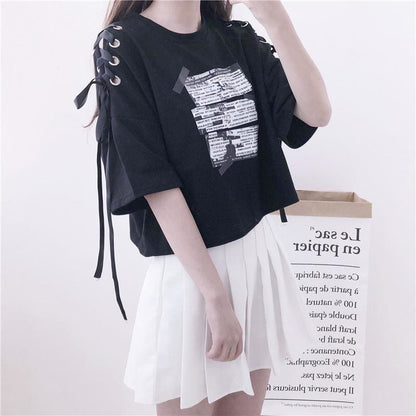 Black Off-the-shoulder Alphabet Print Short Sleeve T-shirt MK15313 - KawaiiMoriStore