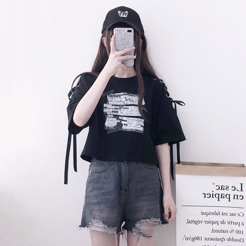 Black Off-the-shoulder Alphabet Print Short Sleeve T-shirt MK15313 - KawaiiMoriStore