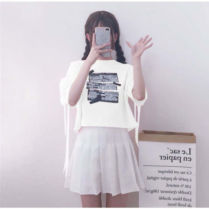 Black Off-the-shoulder Alphabet Print Short Sleeve T-shirt MK15313 - KawaiiMoriStore