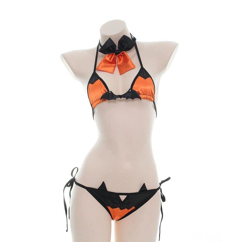 Black Orange Cute Halloween Pumpkin Devil Bat Lingerie 