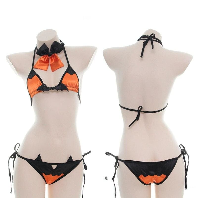 Black Orange Cute Halloween Pumpkin Devil Bat Lingerie 