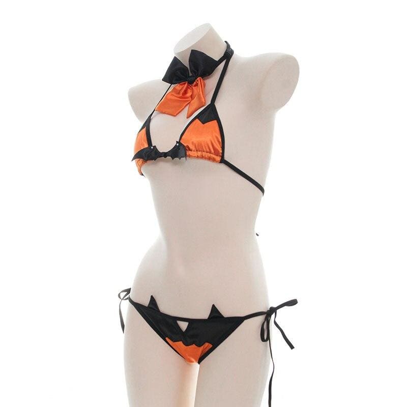 Black Orange Cute Halloween Pumpkin Devil Bat Lingerie 