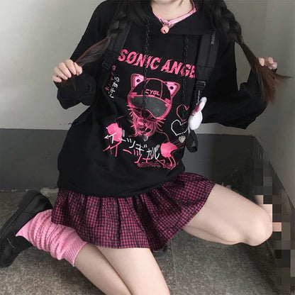 Black "Sonic Angel" Print Hooded Harajuku eGirl Sweatshirt MM1258 - KawaiiMoriStore