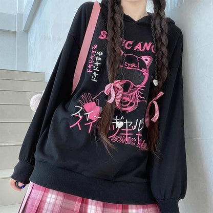 Black "Sonic Angel" Print Hooded Harajuku eGirl Sweatshirt MM1258 - KawaiiMoriStore