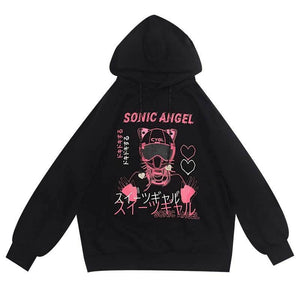 Black "Sonic Angel" Print Hooded Harajuku eGirl Sweatshirt MM1258 - KawaiiMoriStore
