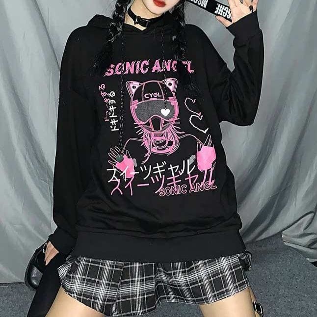 Black "Sonic Angel" Print Hooded Harajuku eGirl Sweatshirt MM1258 - KawaiiMoriStore