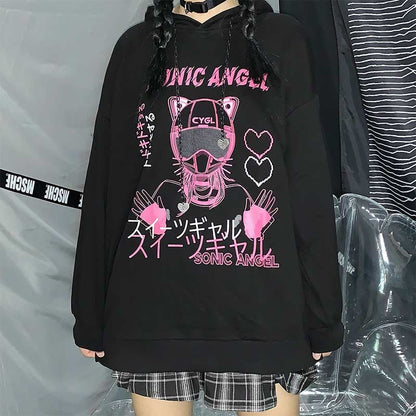 Black "Sonic Angel" Print Hooded Harajuku eGirl Sweatshirt MM1258 - KawaiiMoriStore