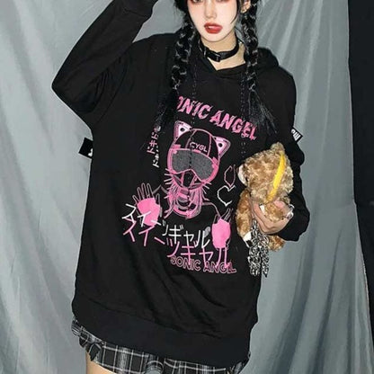 Black "Sonic Angel" Print Hooded Harajuku eGirl Sweatshirt MM1258 - KawaiiMoriStore