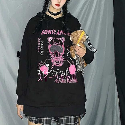 Black "Sonic Angel" Print Hooded Harajuku eGirl Sweatshirt MM1258 - KawaiiMoriStore