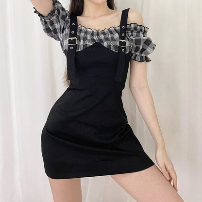 Black Strapless Little Plaid Bubble Sleeve Shoulder Strap Dress MK15075 - KawaiiMoriStore