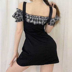Black Strapless Little Plaid Bubble Sleeve Shoulder Strap Dress MK15075 - KawaiiMoriStore