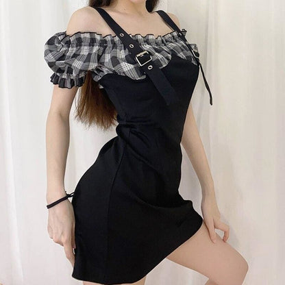 Black Strapless Little Plaid Bubble Sleeve Shoulder Strap Dress MK15075 - KawaiiMoriStore