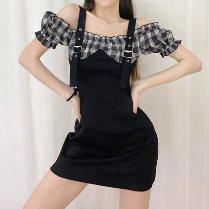 Black Strapless Little Plaid Bubble Sleeve Shoulder Strap Dress MK15075 - KawaiiMoriStore