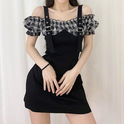 Black Strapless Little Plaid Bubble Sleeve Shoulder Strap Dress MK15075 - KawaiiMoriStore