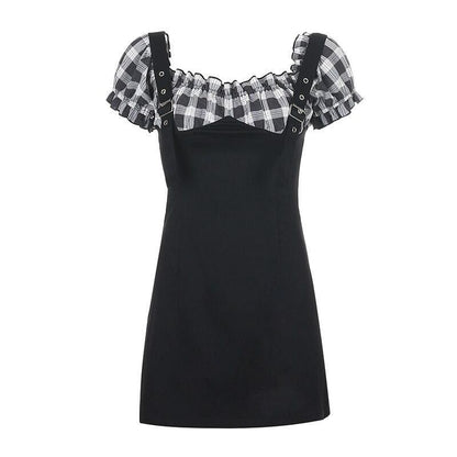 Black Strapless Little Plaid Bubble Sleeve Shoulder Strap Dress MK15075 - KawaiiMoriStore