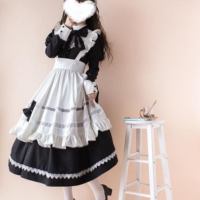 Black White Alice Housekeeper Lolita Bow Tie Vintage Dress MK15929 - KawaiiMoriStore