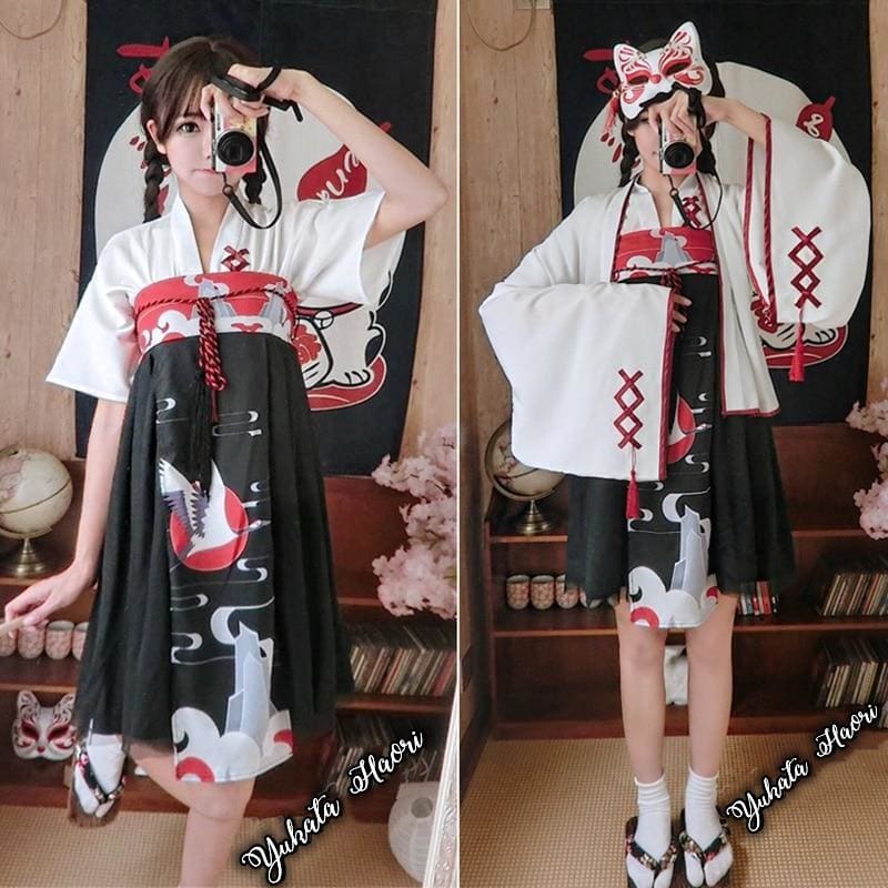 Black White Crane Print Sweet Yukata Haori Cosplay Kimono MM1063 - KawaiiMoriStore