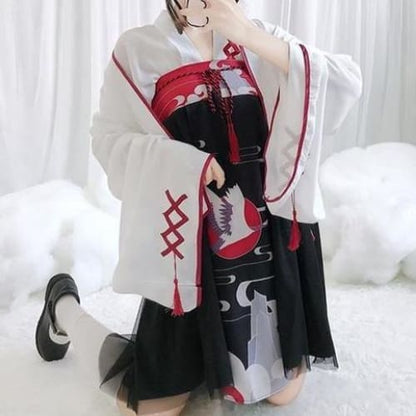 Black White Crane Print Sweet Yukata Haori Cosplay Kimono MM1063 - KawaiiMoriStore