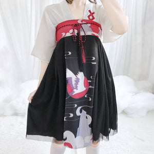 Black White Crane Print Sweet Yukata Haori Cosplay Kimono MM1063 - KawaiiMoriStore