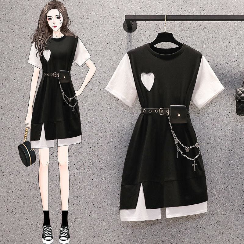 Black White Irregular Love Heart Cute Casual Dress MK16057 - KawaiiMoriStore