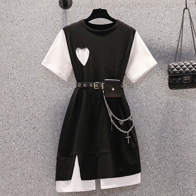 Black White Irregular Love Heart Cute Casual Dress MK16057 - KawaiiMoriStore