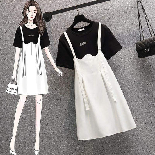 Black White Simple Casual Summer T-shirt Dress Set MM1297 - KawaiiMoriStore