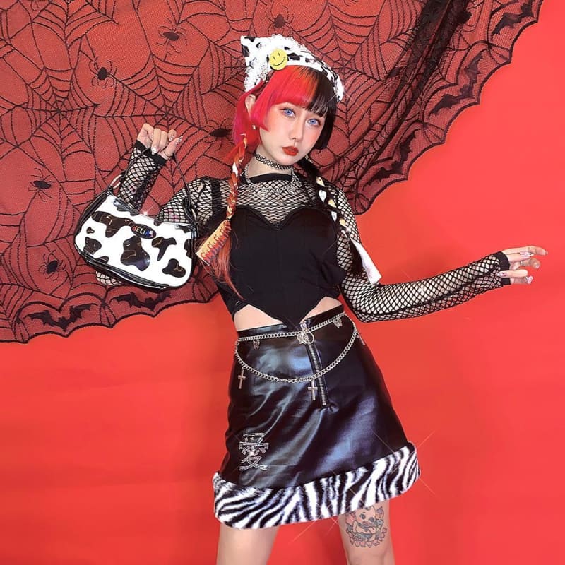 Black Zebra Pattern Furry-edged Skirt MM0734 - KawaiiMoriStore