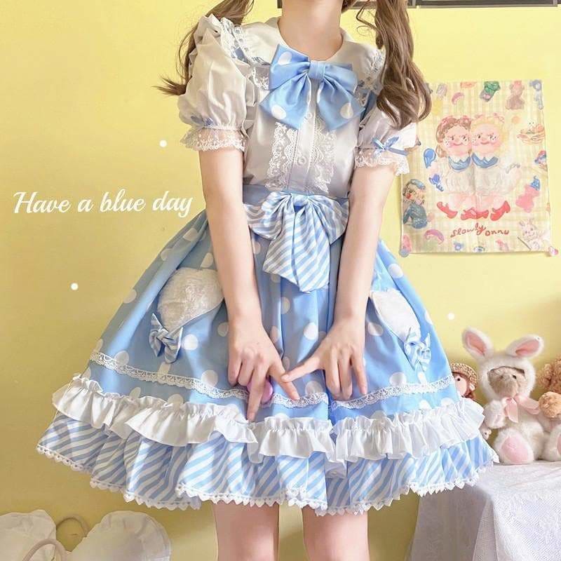 Black/Blue/Red/Pink Shirt and Skirt Kawaii Polka Dots Candy 