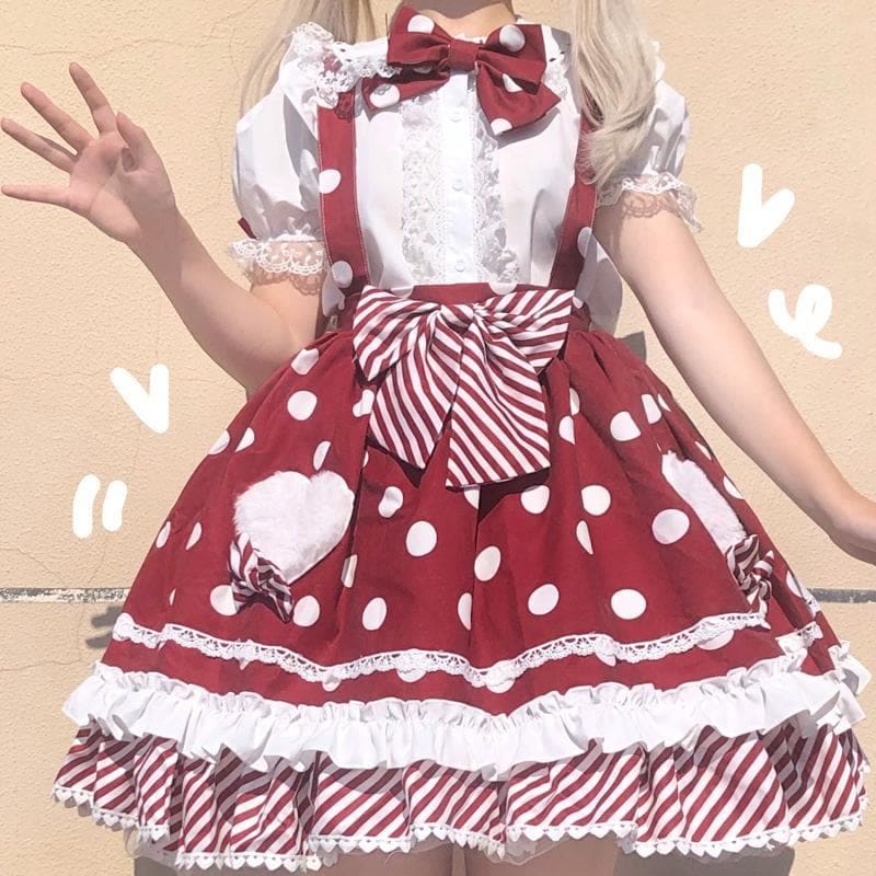 Black/Blue/Red/Pink Shirt and Skirt Kawaii Polka Dots Candy –  KawaiiMoriStore